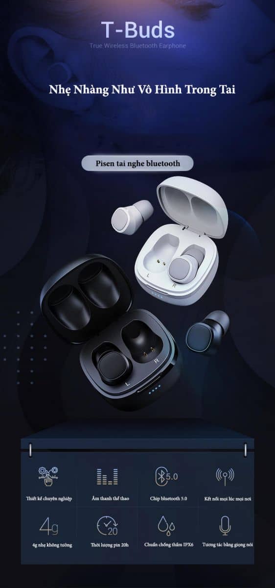 Tai nghe không dây Pisen True Wireless T-Buds, màu trắng 1